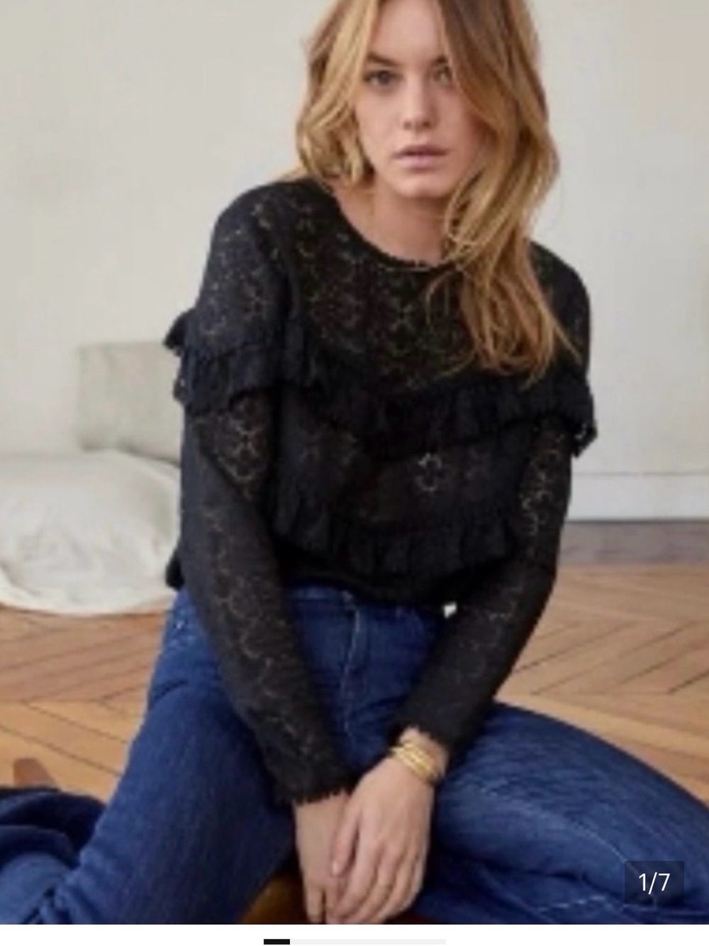 Sezane Black Lace Ruffle Long Sleeve Top